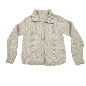 Handmade Alpaca Knit Cardigan Cream Cable Popcorn Sweater Collared Button Up